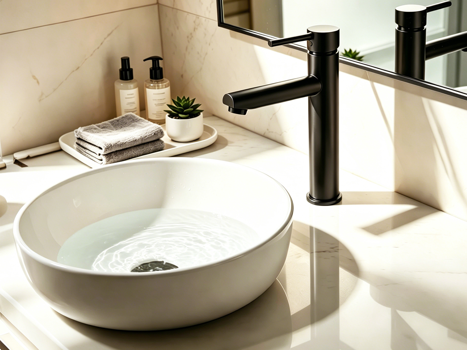 FA0120 tall basin mixer in matte black on a round vessel basin