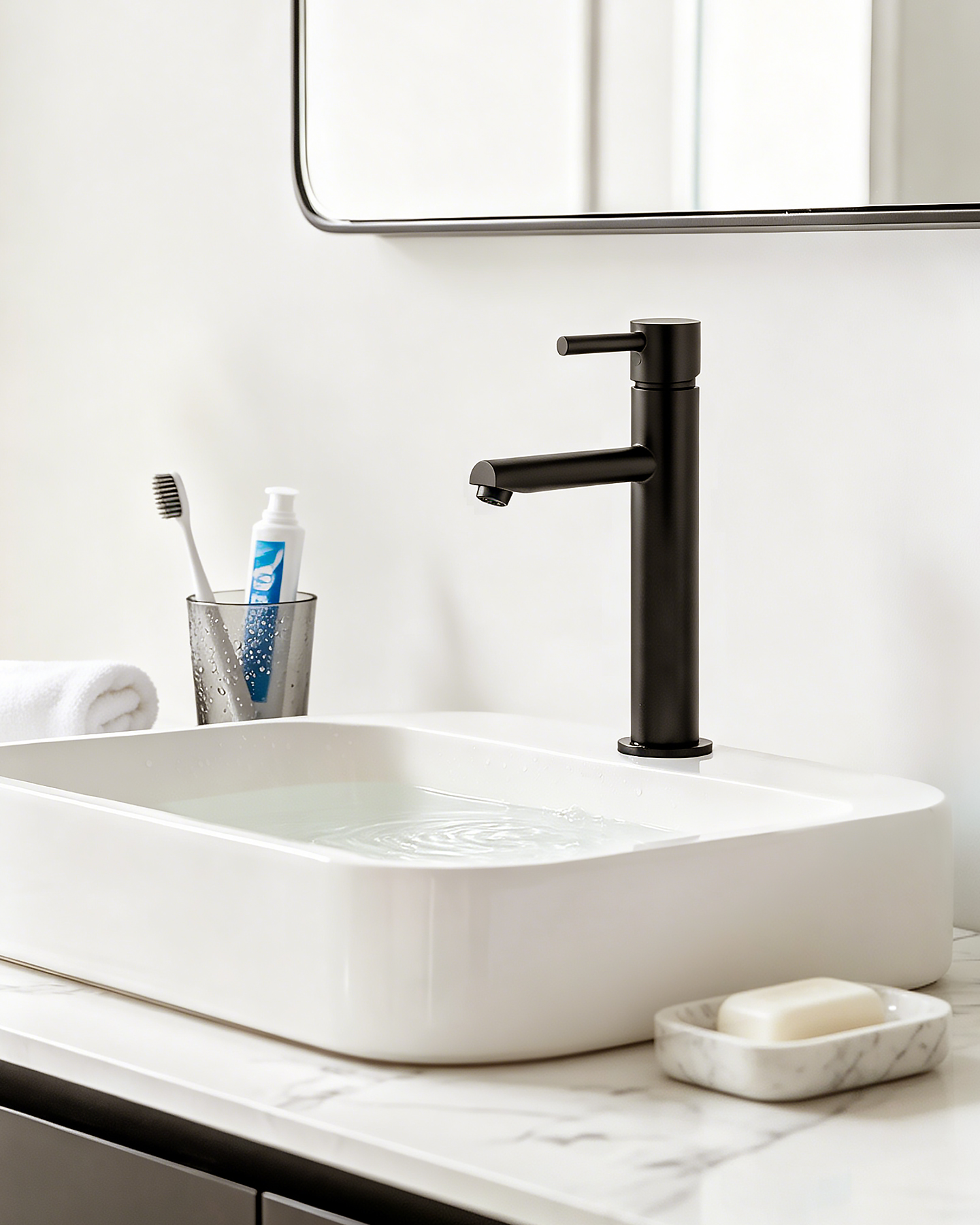 FA0120 basin mixer in brushed yellow gold on a marble vanity top