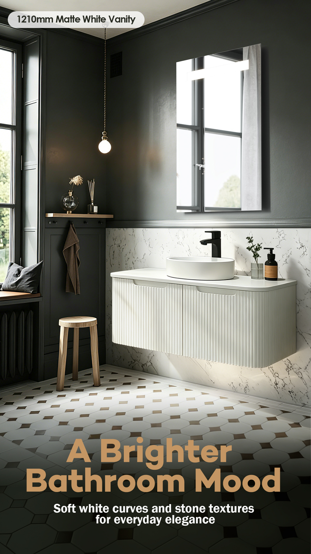 Amos 1200 vanity in matte white finish in a dark-walled bathroom