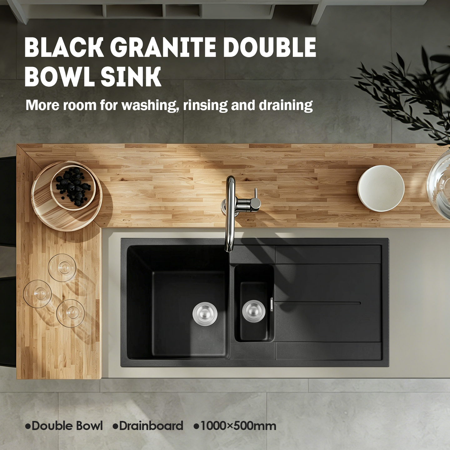 KSS1050B black granite double bowl sink with drainboard, top view