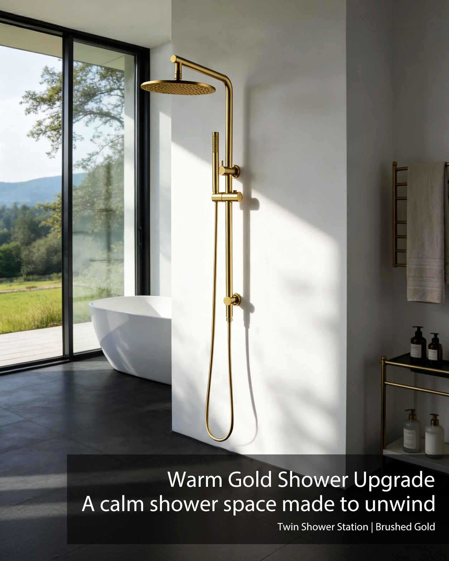SS2128 Twin Shower Station: Brushed Gold, Two Ways to Shower